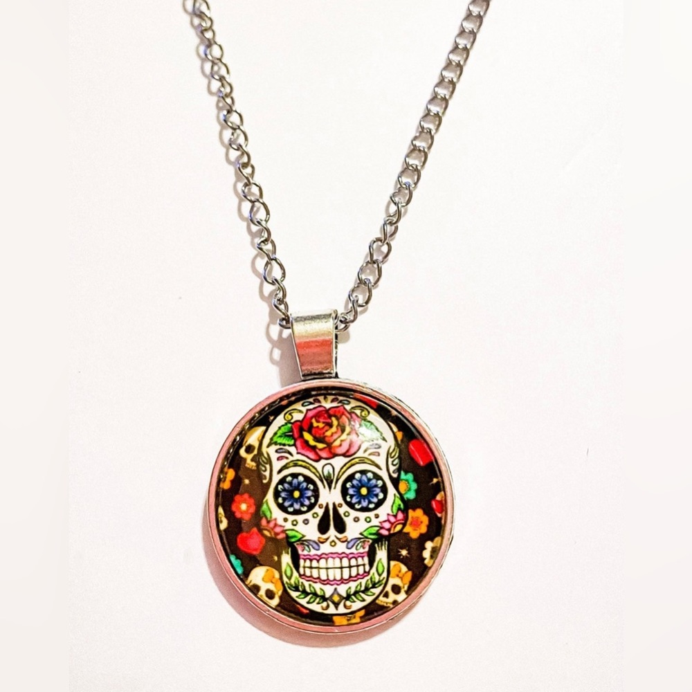 Multicolored Sugar Skull Pendant Necklace